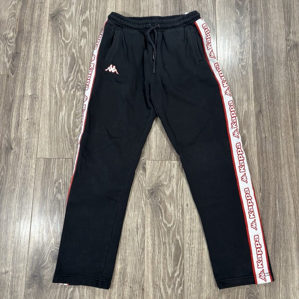 Kappa Black Track Pants Mens Small Athletic Logo Tape Casual Joggers Embroidered